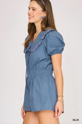Umgee Collared Short Sleeve Button Down Romper OutfitFlow